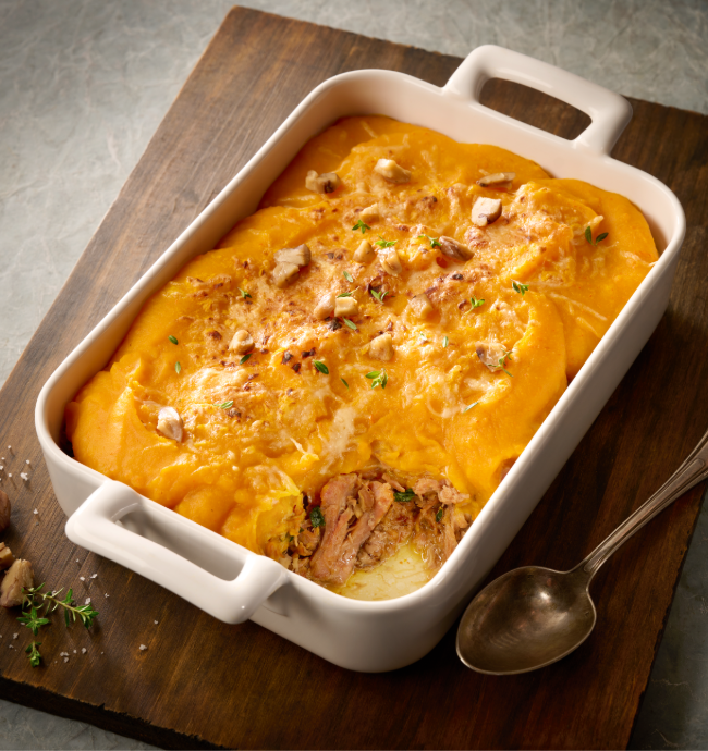 Hachis Parmentier à la pintade confite, potimarron et châtaignes