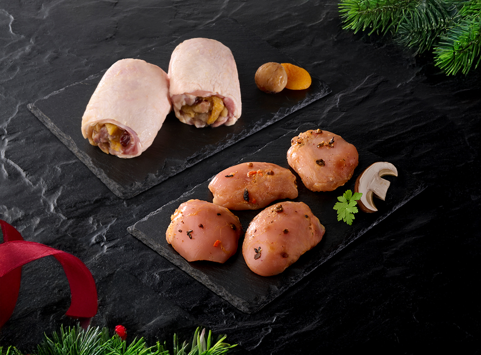 Ballotin de poulet garni marrons abricot et médaillons de poulet aux cèpes