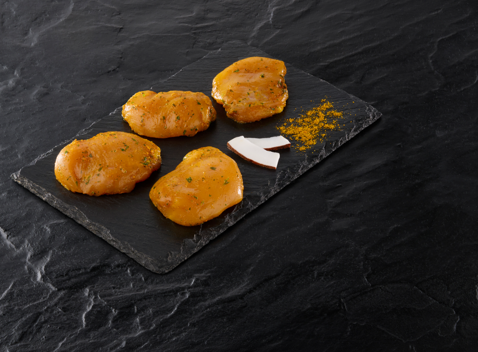Découvrez notre nouveauté les médaillons de poulet marinés curry-coco
